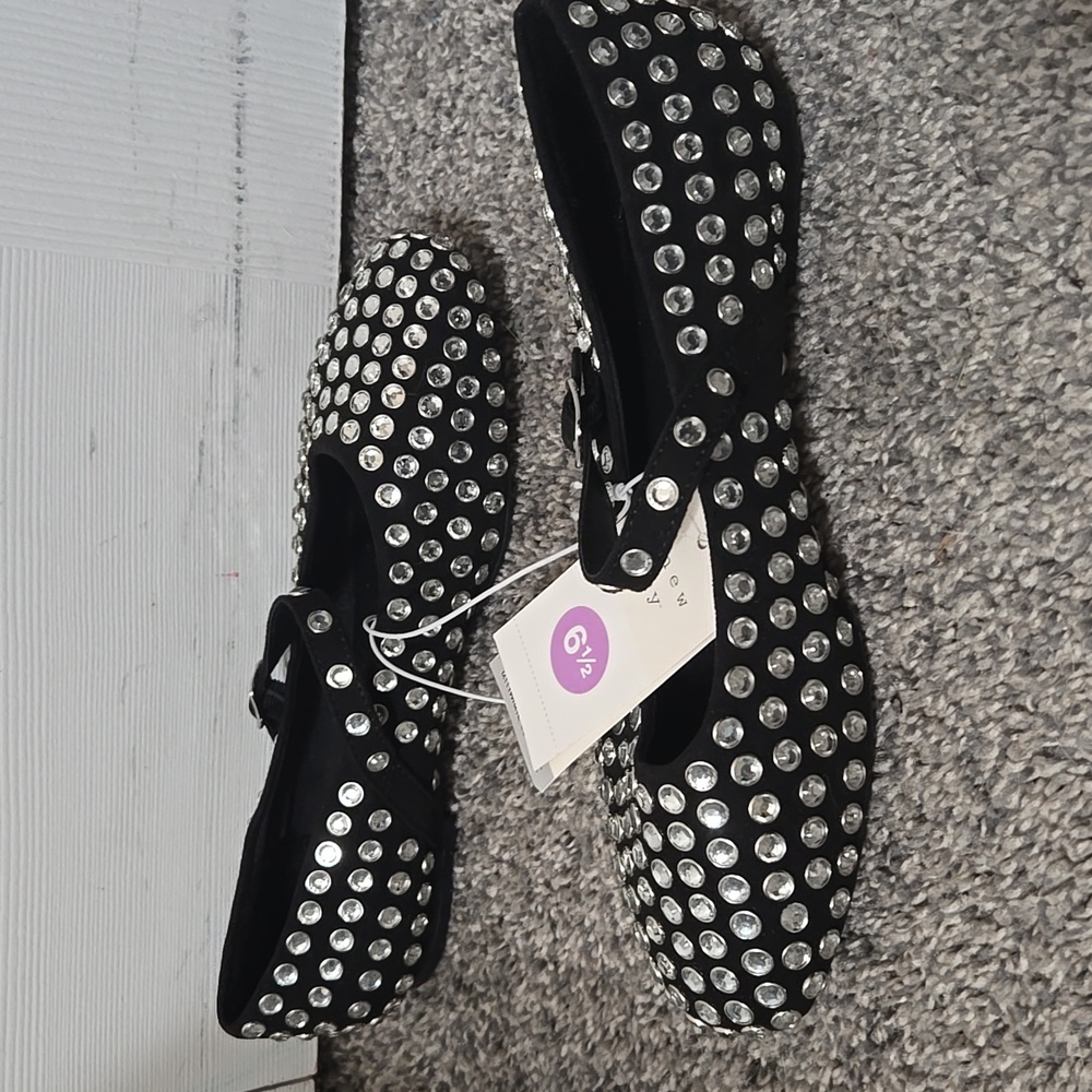 Black Rhinestone Studded Mary Jane Ballet Flats Style Shoes, Size 6.5, NEW W/Tag - Picture 5 of 15